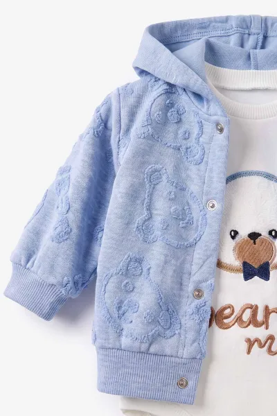 Bebe Mavisi (0-9 Ay)  Ayıcık Nakışlı Kapüşonlu Hırkalı Erkek Bebek 3'lü Takım 476074