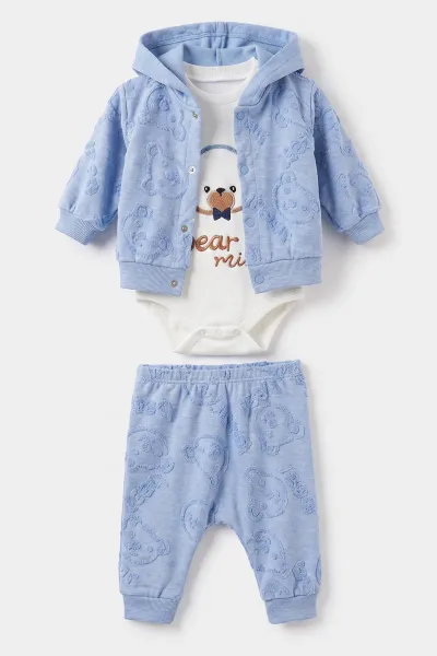 Bebe Mavisi (0-9 Ay)  Ayıcık Nakışlı Kapüşonlu Hırkalı Erkek Bebek 3'lü Takım 476074