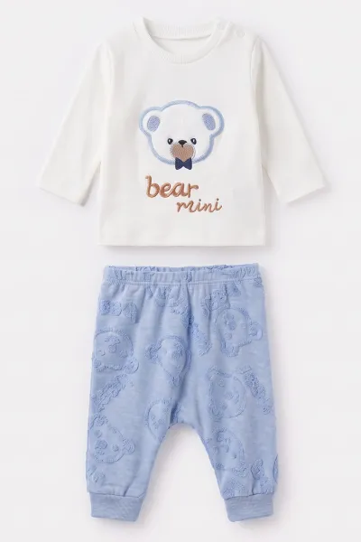 Bebe Mavisi (0-9 Ay)  Ayıcık Nakışlı Kapüşonlu Hırkalı Erkek Bebek 3'lü Takım 476074