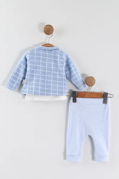 Bebe Mavisi (0-9 Ay) Balonlu Fil Nakışlı Badili Ceketli Erkek  Bebek 3'lü Takım 456462