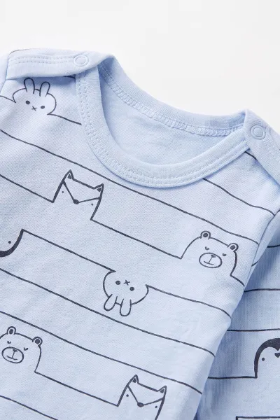 Bebe Mavisi (0-9 Ay) Çizgili Hayvan Desenli Bebek Çıtçıtlı Badi 482294