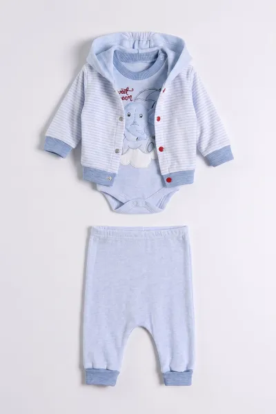 Bebe Mavisi (0-9 Ay)  Fil  Nakışlı Kapüşonlu Çıtçıtlı Hırkalı 3'lü Erkek Bebe Takım 475939
