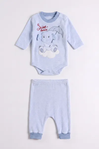 Bebe Mavisi (0-9 Ay)  Fil  Nakışlı Kapüşonlu Çıtçıtlı Hırkalı 3'lü Erkek Bebe Takım 475939