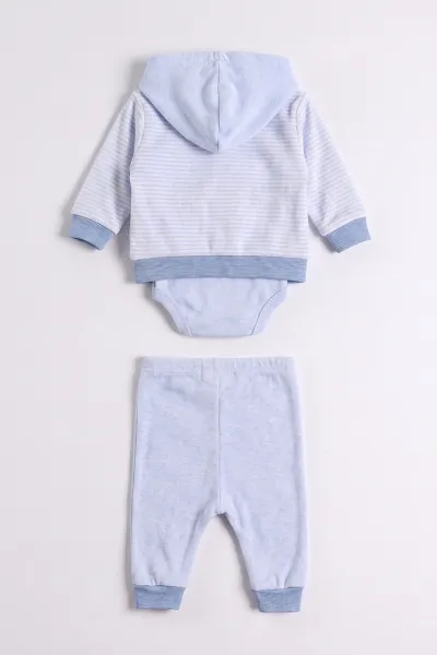 Bebe Mavisi (0-9 Ay)  Fil  Nakışlı Kapüşonlu Çıtçıtlı Hırkalı 3'lü Erkek Bebe Takım 475939