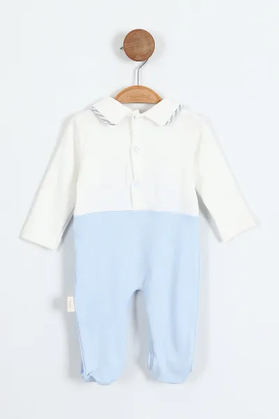 Bebe Mavisi (0-9 Ay) Gömlek Yakalı Patikli Erkek Bebek Tulum 383844