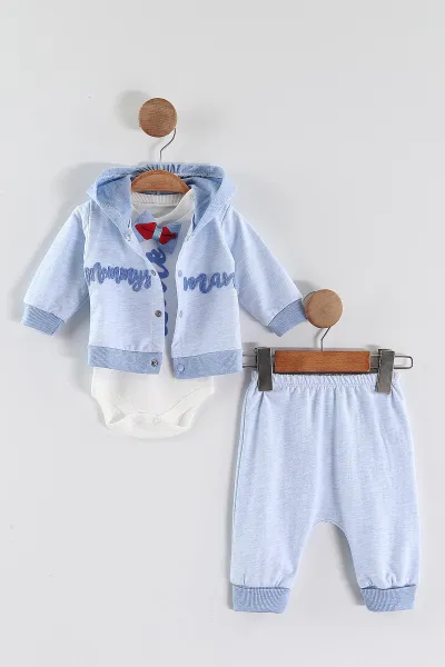 Bebe Mavisi (0-9 Ay) Little  Nakışlı Kapüşonlu Hırkalı Zıbınlı  Erkek Bebek 3'lü Takım 456358