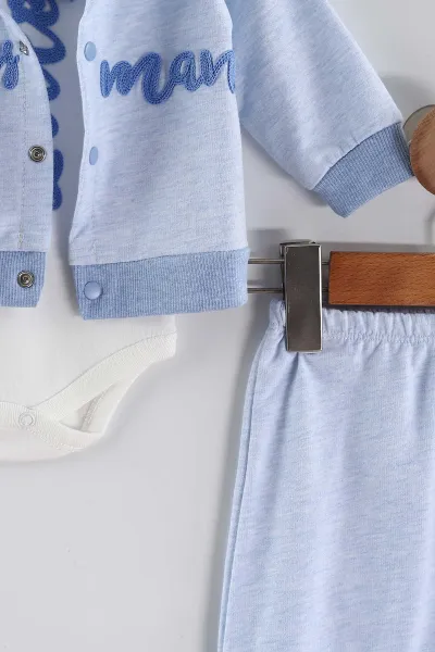 Bebe Mavisi (0-9 Ay) Little  Nakışlı Kapüşonlu Hırkalı Zıbınlı  Erkek Bebek 3'lü Takım 456358