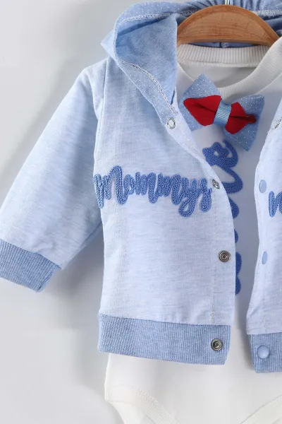 Bebe Mavisi (0-9 Ay) Little  Nakışlı Kapüşonlu Hırkalı Zıbınlı  Erkek Bebek 3'lü Takım 456358