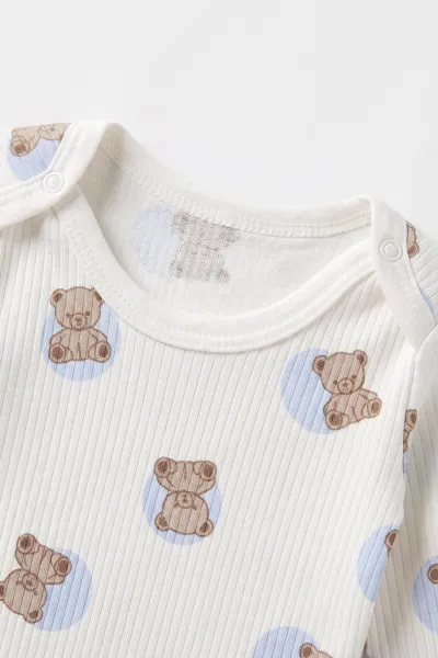 Bebe Mavisi (0-9 Ay )Puanlı Ayıcık Desenli  Uzun Kollu    Bebek & Çocuk Çıtçıtlı Badi 480366