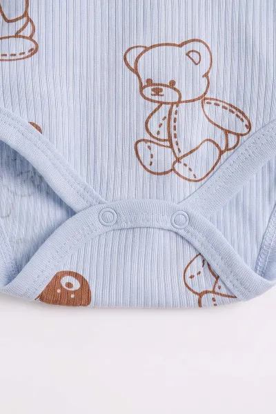 Bebe Mavisi (0-9 Ay )Raporlu Ayıcık Desenli  Uzun Kollu    Bebek & Çocuk Çıtçıtlı Badi 480373