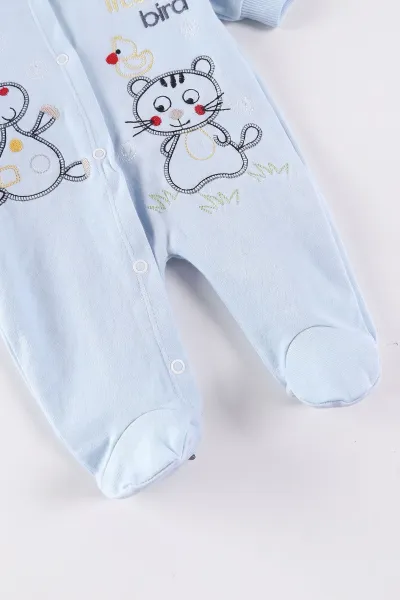 Bebe Mavisi (0-9 Ay) Sevimli Hayvanlar Nakışlı Şapkalı Eldivenli Penye Bebek Tulum 500416