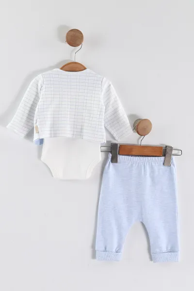 Bebe Mavisi (0-9 Ay) Taçlı Ayı Nakışlı Zıbınlı ve Ceketli  Erkek Bebek 3'lü Takım 456348