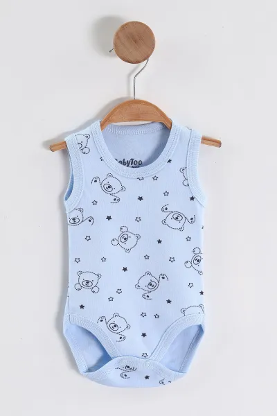 Bebe Mavisi (0-9 Ay) Yıldızlı Ayı Desenli   Sıfır Kol Bebek Çıtçıtlı Badi 458129