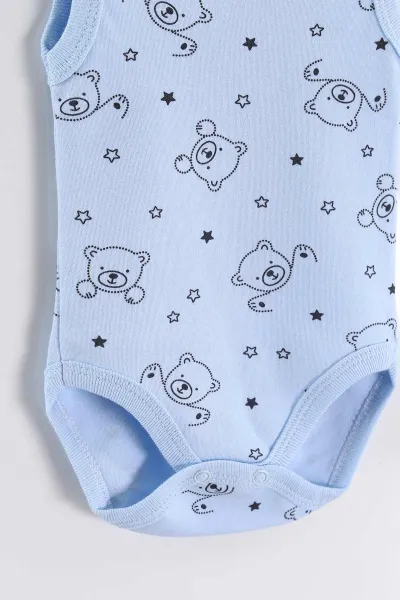 Bebe Mavisi (0-9 Ay) Yıldızlı Ayı Desenli   Sıfır Kol Bebek Çıtçıtlı Badi 458129