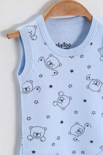 Bebe Mavisi (0-9 Ay) Yıldızlı Ayı Desenli   Sıfır Kol Bebek Çıtçıtlı Badi 458129