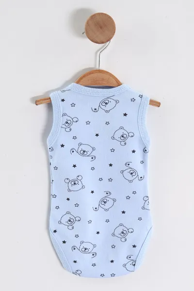 Bebe Mavisi (0-9 Ay) Yıldızlı Ayı Desenli   Sıfır Kol Bebek Çıtçıtlı Badi 458129