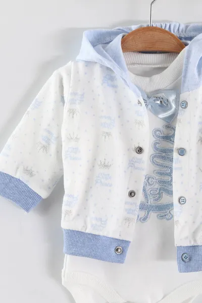Bebe Mavisi (0-9 Ay)Prence Nakışlı Kapüşonlu Zıbınlı Erkek Bebek 3'lü Takım 456362
