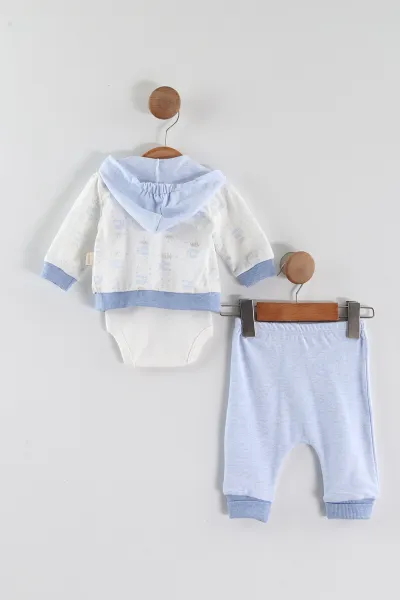 Bebe Mavisi (0-9 Ay)Prence Nakışlı Kapüşonlu Zıbınlı Erkek Bebek 3'lü Takım 456362