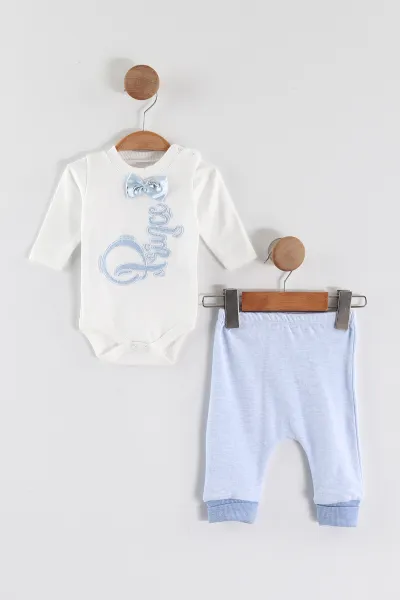 Bebe Mavisi (0-9 Ay)Prence Nakışlı Kapüşonlu Zıbınlı Erkek Bebek 3'lü Takım 456362