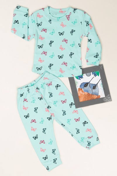 Bebe Mavisi (06-18 Ay) Kelebek Baskılı Kız Çocuk Pijama Takımı 82738