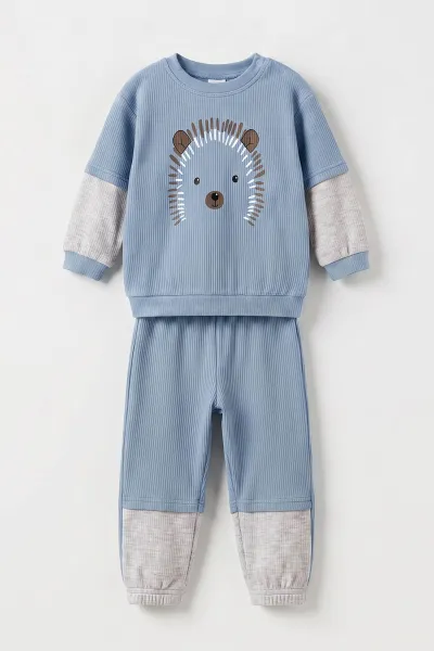 Bebe Mavisi (1-2 Yaş) Kirpi Baskılı Paça Lastikli Erkek Bebek 2'li Takım 480047