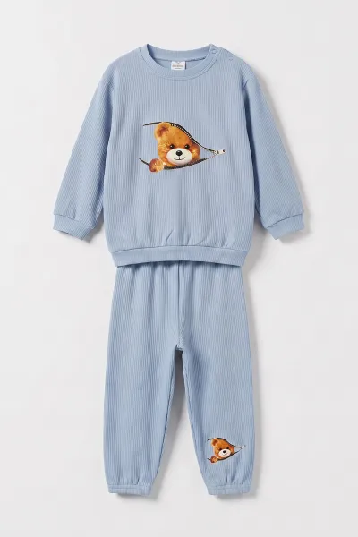 Bebe Mavisi (1-2 Yaş)Ayıcık Baskılı Paça Lastikli Raporlu Erkek Bebek Takım 479999