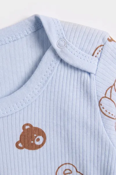Bebe Mavisi (1-3 Yaş)Ayıcık  Baskılı Uzun Kollu Raporlu Bebek & Çocuk Çıtçıtlı Badi 480303