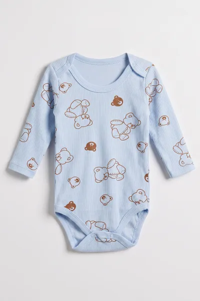 Bebe Mavisi (1-3 Yaş)Ayıcık  Baskılı Uzun Kollu Raporlu Bebek & Çocuk Çıtçıtlı Badi 480303