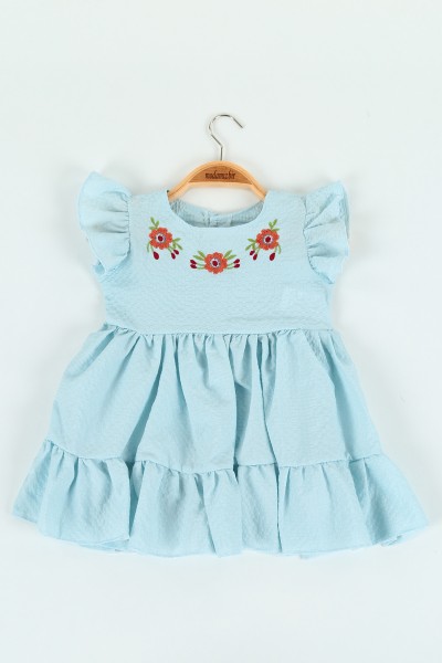 Bebe Mavisi (1-4 yaş) Çiçek Nakışlı Gofre Kız Çocuk Elbise 120396