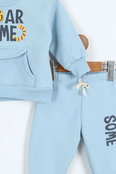 Bebe Mavisi (1-4 Yaş)Baskılı Kanguru Cepli Üç İp Şardonlu Erkek Bebek & Çocuk Takım 403444