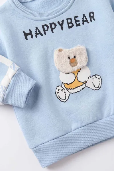 Bebe Mavisi (1-4 Yaş)Happy Bear Baskılı  3 İp Şardonlu Erkek Çocuk&Bebek Kışlık Takım 489470