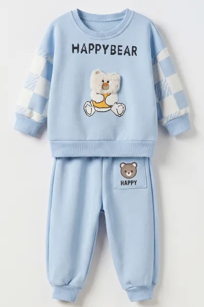 Bebe Mavisi (1-4 Yaş)Happy Bear Baskılı  3 İp Şardonlu Erkek Çocuk&Bebek Kışlık Takım 489470