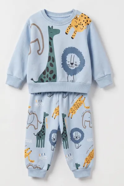 Bebe Mavisi (1-4 Yaş)Zürafa ve Aslan Baskılı  3 İp Şardonlu Erkek Çocuk&Bebek Kışlık Takım 489502