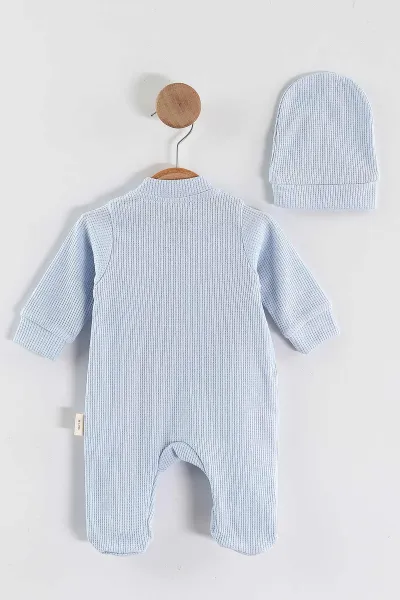 Bebe Mavisi (1-9 Ay)Boy Nakışlı Waffle Kumaş Çapraz Çıtçıtlı Erkek Bebek Tulum 434939