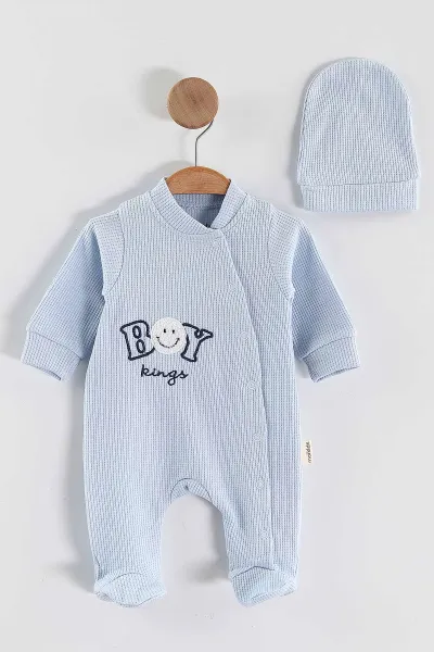 Bebe Mavisi (1-9 Ay)Boy Nakışlı Waffle Kumaş Çapraz Çıtçıtlı Erkek Bebek Tulum 434939