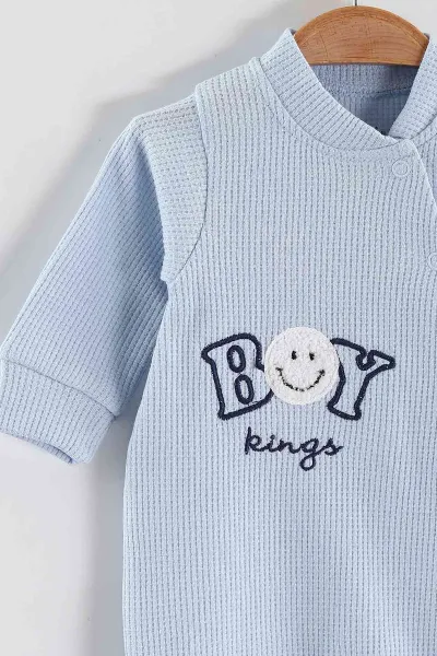 Bebe Mavisi (1-9 Ay)Boy Nakışlı Waffle Kumaş Çapraz Çıtçıtlı Erkek Bebek Tulum 434939