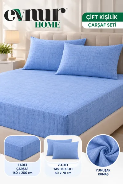 Bebe Mavisi 160x200 Cm  Evnur Home Çift Kişilik Fitted (Lastikli) Çarşaf Seti 497685