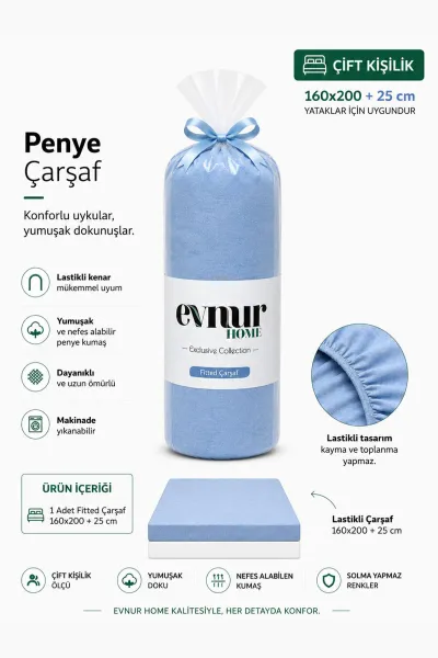 Bebe Mavisi 160x200+25 Cm  Evnur Home Penye Çift Kişilik Fitted (Lastikli) Çarşaf 467373
