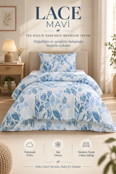 Bebe Mavisi 160x220 Cm Bella Home Tek Kişilik Lastikli Çarşaf Nevresim Takımı 491131