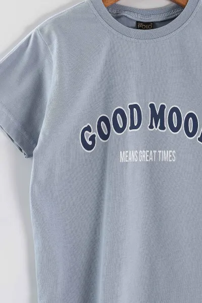 Bebe Mavisi (2-10 Yaş) Good Mood Baskılı Ara Biyeli Şortlu Erkek Çocuk Yazlık 2'li Takım 459035