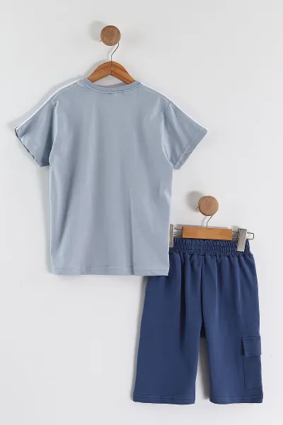 Bebe Mavisi (2-10 Yaş) Good Mood Baskılı Ara Biyeli Şortlu Erkek Çocuk Yazlık 2'li Takım 459035