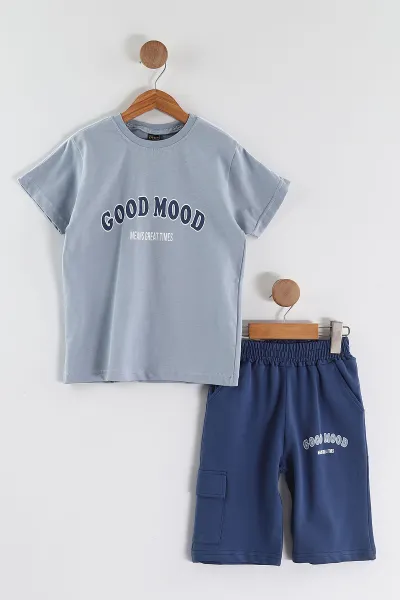 Bebe Mavisi (2-10 Yaş) Good Mood Baskılı Ara Biyeli Şortlu Erkek Çocuk Yazlık 2'li Takım 459035
