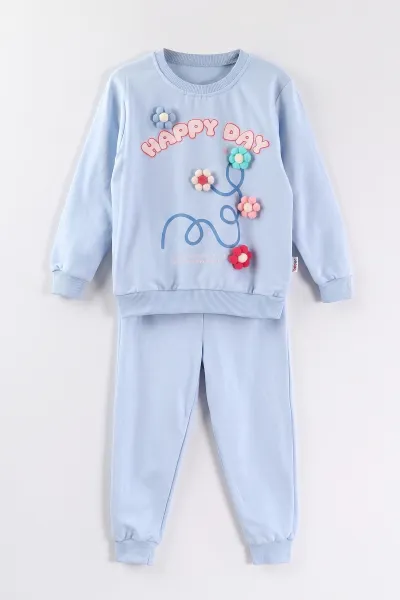 Bebe Mavisi (2-6 Yaş)Happy Go Baskılı Ponponlu Kız Çocuk 2'li  Takım 472907