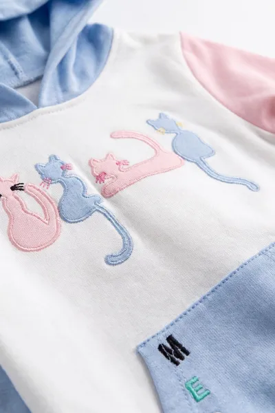Bebe Mavisi (2-6 Yaş)Kedi Nakışlı Kanguru Cepli Kapüşonlu Kız Çocuk 2'li Takım 473080