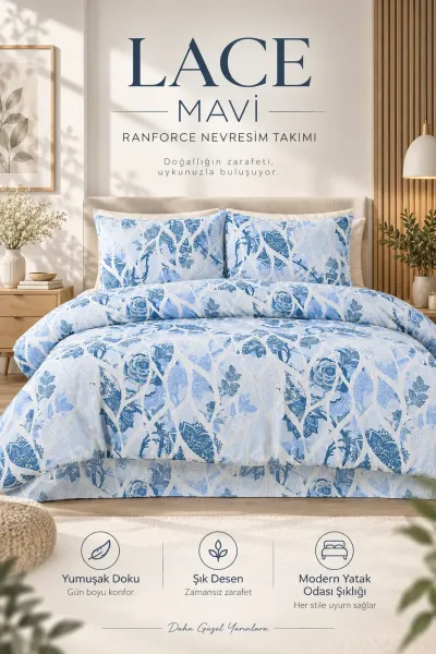 Bebe Mavisi 200x220 Cm Bella Home Lastiksiz Battal Boy New Box Nevresim Takımı 492017