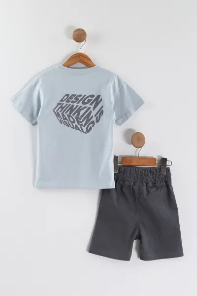 Bebe Mavisi (3-10 Yaş) Design Baskılı Gabardin Şortlu Erkek Çocuk Yazlık Takım 443638