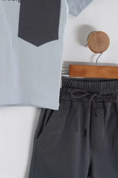 Bebe Mavisi (3-10 Yaş) Design Baskılı Gabardin Şortlu Erkek Çocuk Yazlık Takım 443638