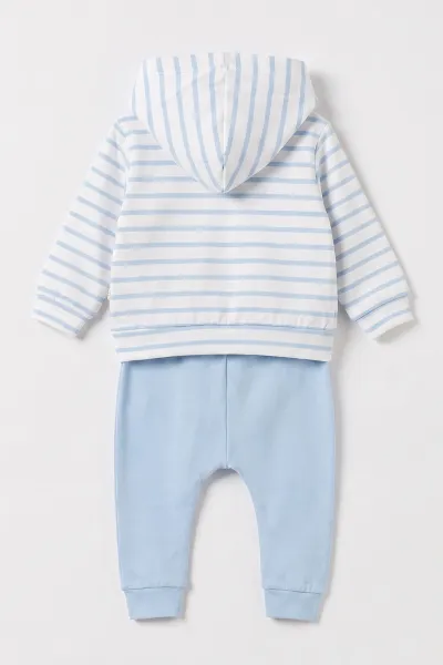 Bebe Mavisi (3-12 Ay) Çizgili Kapüşonlu Hırkalı Erkek Bebek 3'lü Takım 479409