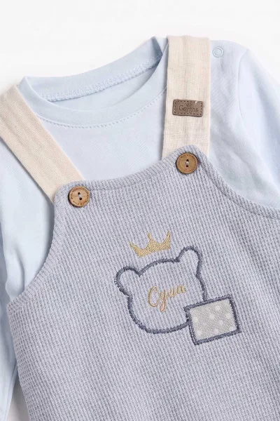 Bebe Mavisi (3-12 Ay) Kareli Ayı Nakışlı Waffle Erkek Bebek Tulum 476007