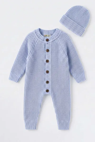 Bebe Mavisi (3-12 Ay) Selanik Örgülü Dikişsiz Şapkalı Triko  Bebek Tulum 474372